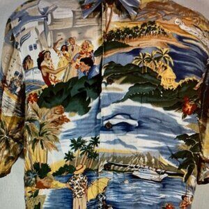 REYN SPOONER HAWAII Aloha Tropical SEA PLANE LEIS HULA DANCE WAHINE KANE Shirt L